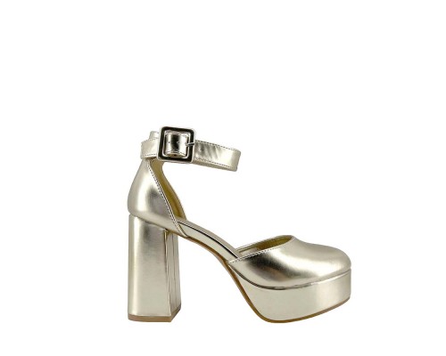 Zapato De Tacón Ancho Plataforma Efecto Metalizado